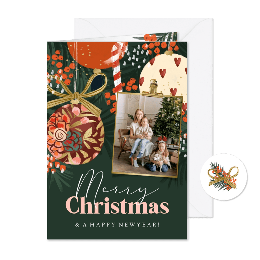 Kerstkaart nostalgisch kerstboom kerstballen foto goud - Kaartimpressie