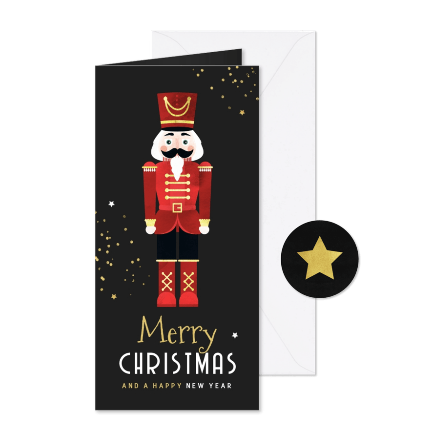 Kerstkaart notenkraker goud sterretjes merry christmas - Kaartimpressie