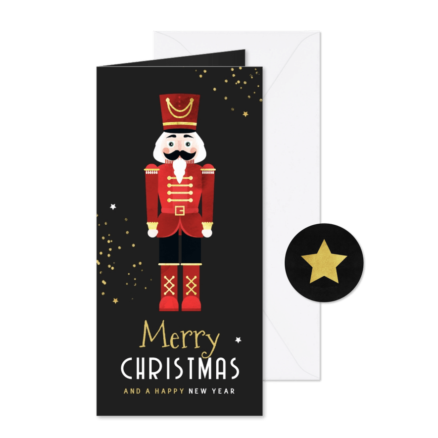 Kerstkaart notenkraker goud sterretjes merry christmas - Kaartimpressie