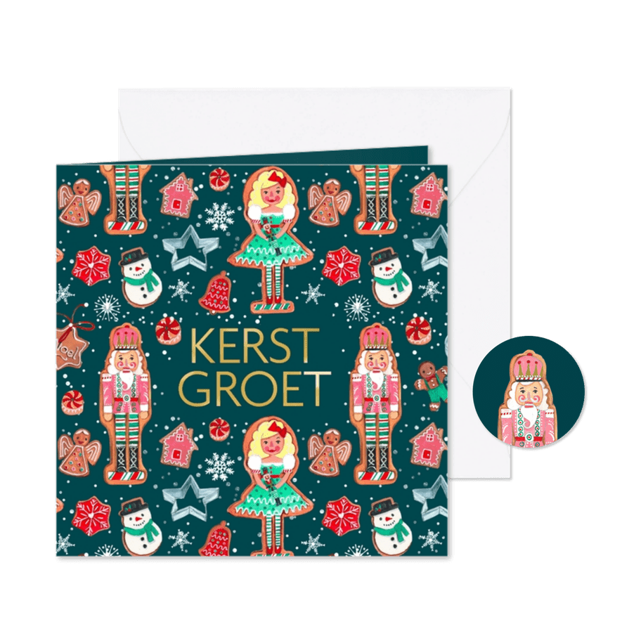 Kerstkaart notenkraker koekjes met sneeuw - Kaartimpressie