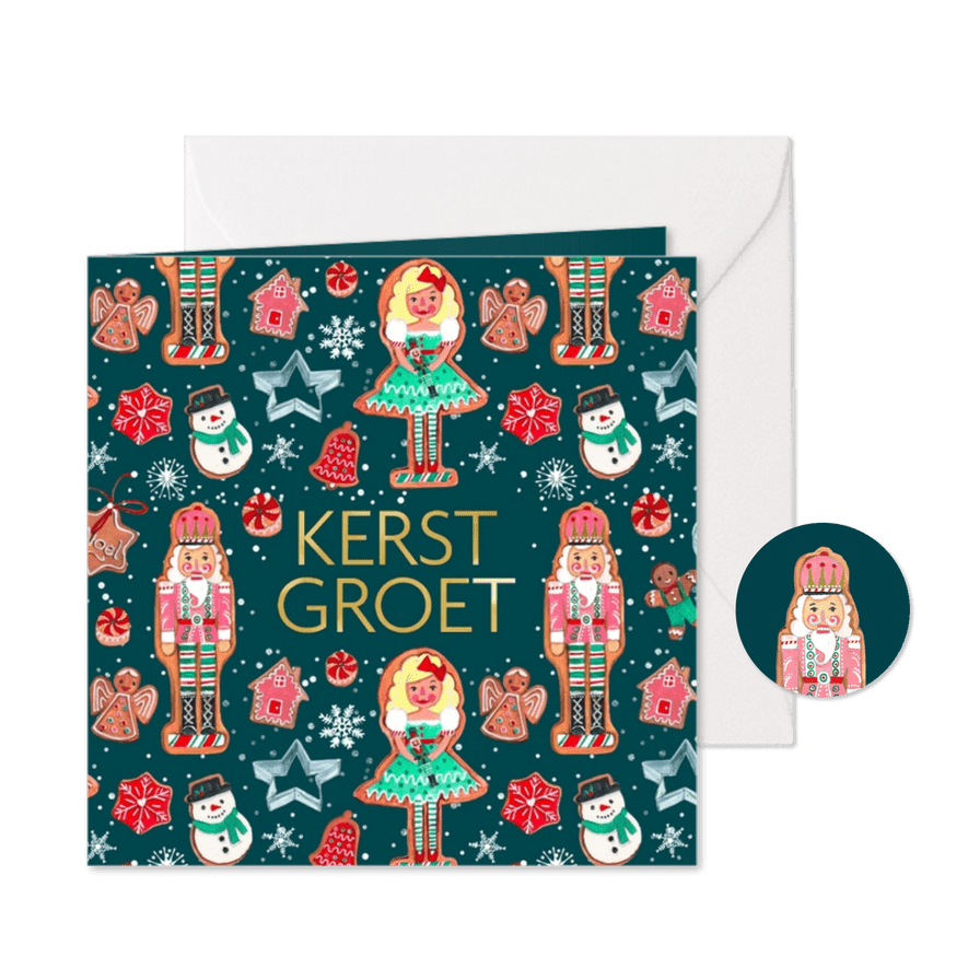 Kerstkaart notenkraker koekjes met sneeuw - Kaartimpressie