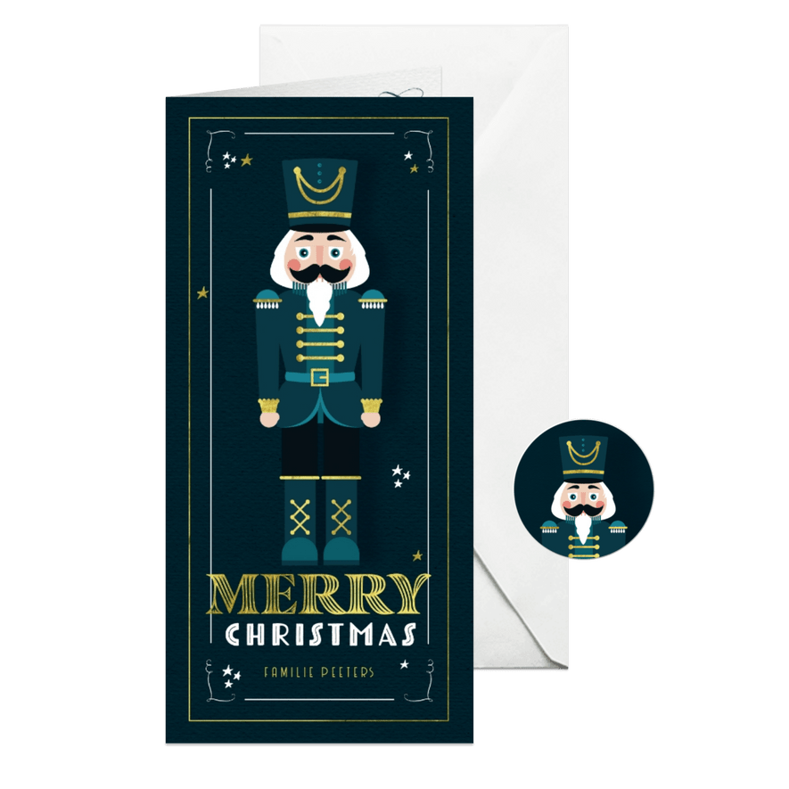 Kerstkaart notenkraker vintage sterren goud illustratie - Kaartimpressie