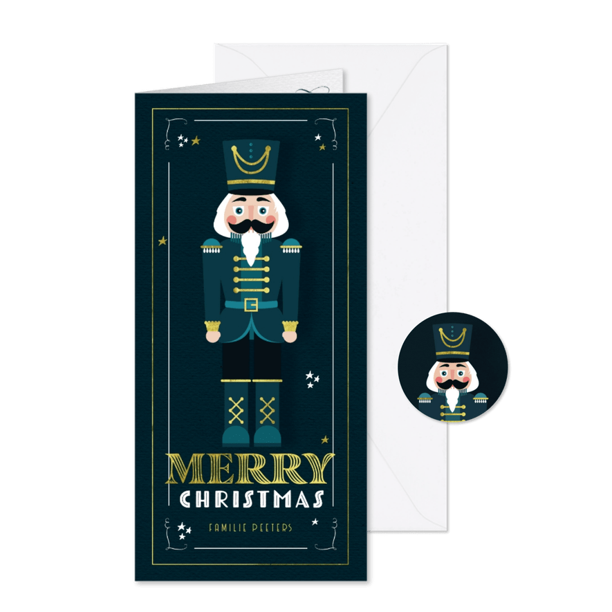 Kerstkaart notenkraker vintage sterren goud illustratie - Kaartimpressie