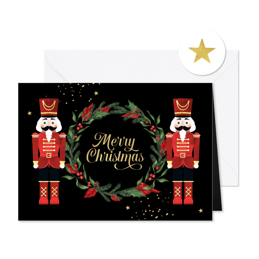 Kerstkaart notenkrakers krans sterretjes goud - Kaartimpressie