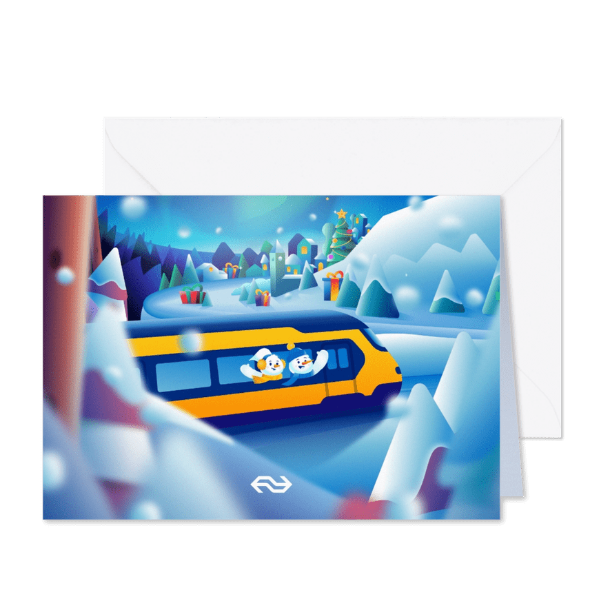 Kerstkaart NS Wintercity sneeuwpoppen in de trein rechthoek - Kaartimpressie