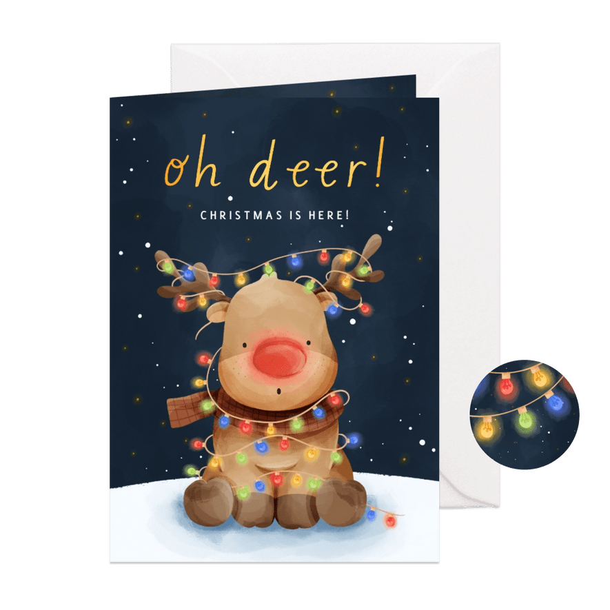 Kerstkaart oh deer rendier met kerstlampjes - Kaartimpressie