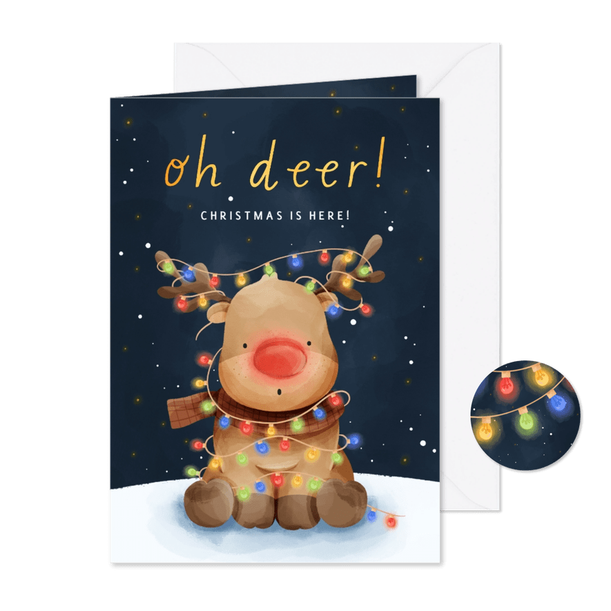 Kerstkaart oh deer rendier met kerstlampjes - Kaartimpressie