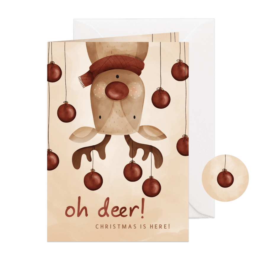 Kerstkaart oh deer rendier op de kop met kerstballen - Kaartimpressie