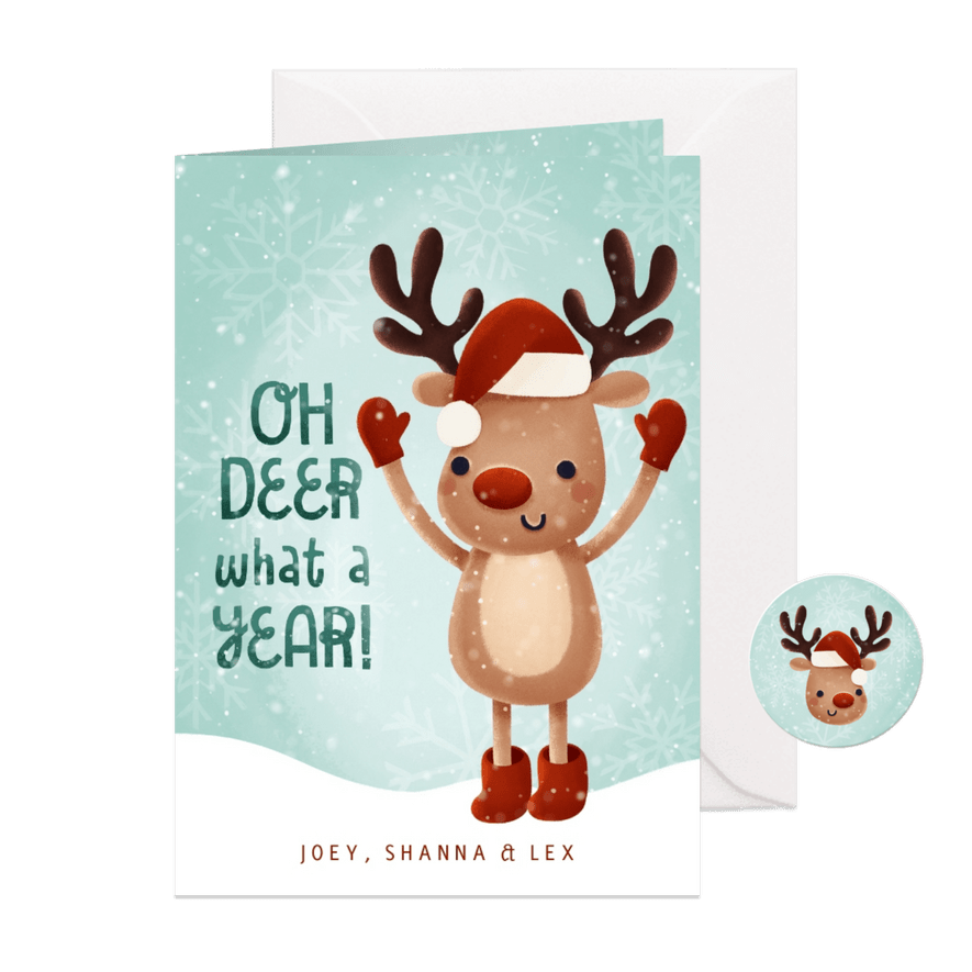 Kerstkaart Oh deer what a year met hertje en sneeuw - Kaartimpressie