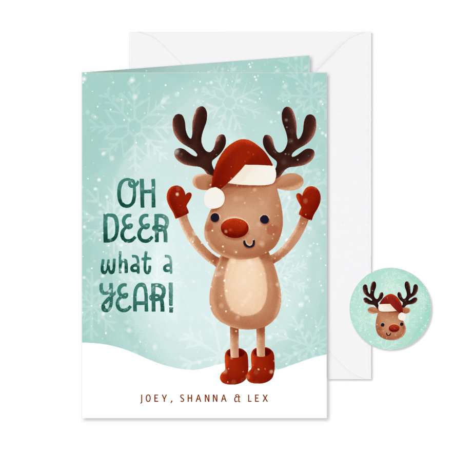 Kerstkaart Oh deer what a year met hertje en sneeuw - Kaartimpressie