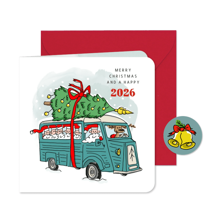 Kerstkaart oldtimer bus met kerstmannen en kerstboom - Kaartimpressie