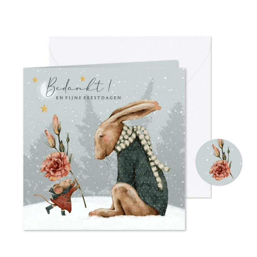 Kerstkaart om te bedanken met lieve illustratie haas en muis - Kaartimpressie