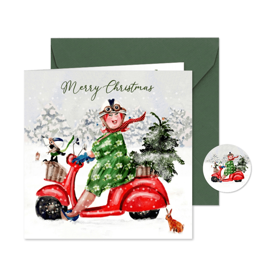 Kerstkaart op de scooter met hond - Kaartimpressie