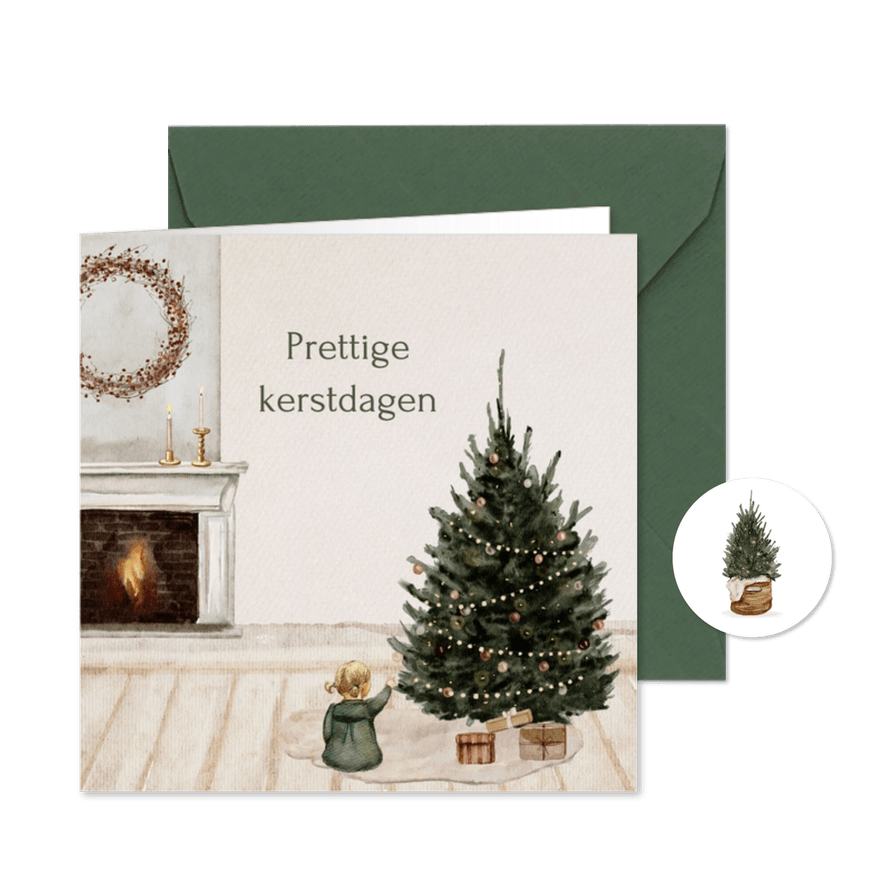 Kerstkaart open haard kerstboom meisje cadeau - Kaartimpressie