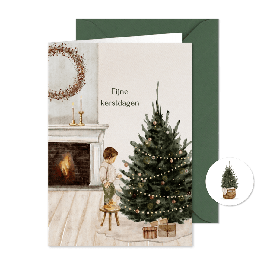 Kerstkaart openhaard kerstboom jongetje - Kaartimpressie