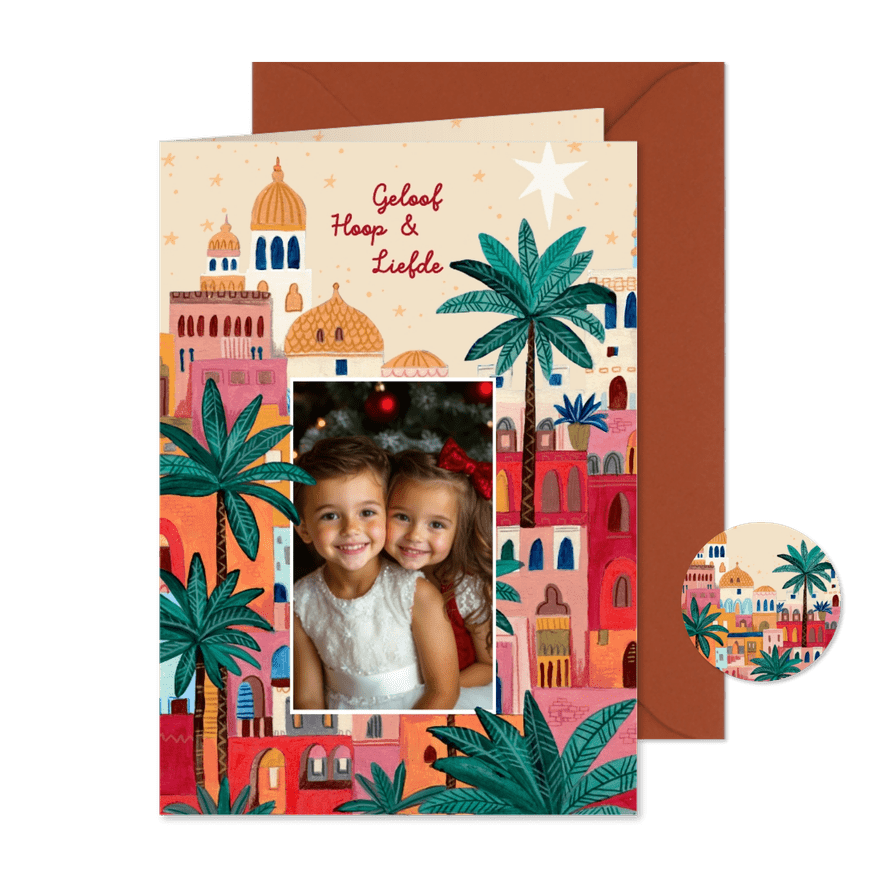 Kerstkaart oriëntaalse stad bethlehem en ster - Kaartimpressie