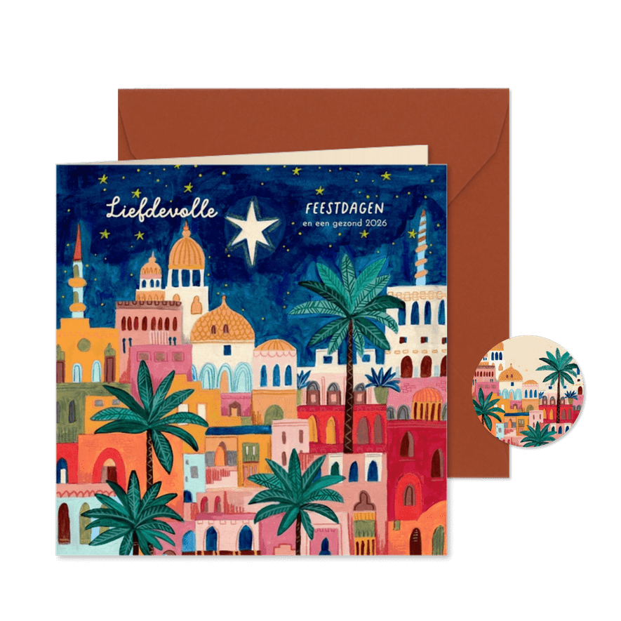 Kerstkaart oriëntaalse stad bethlehem en sterren hemel - Kaartimpressie