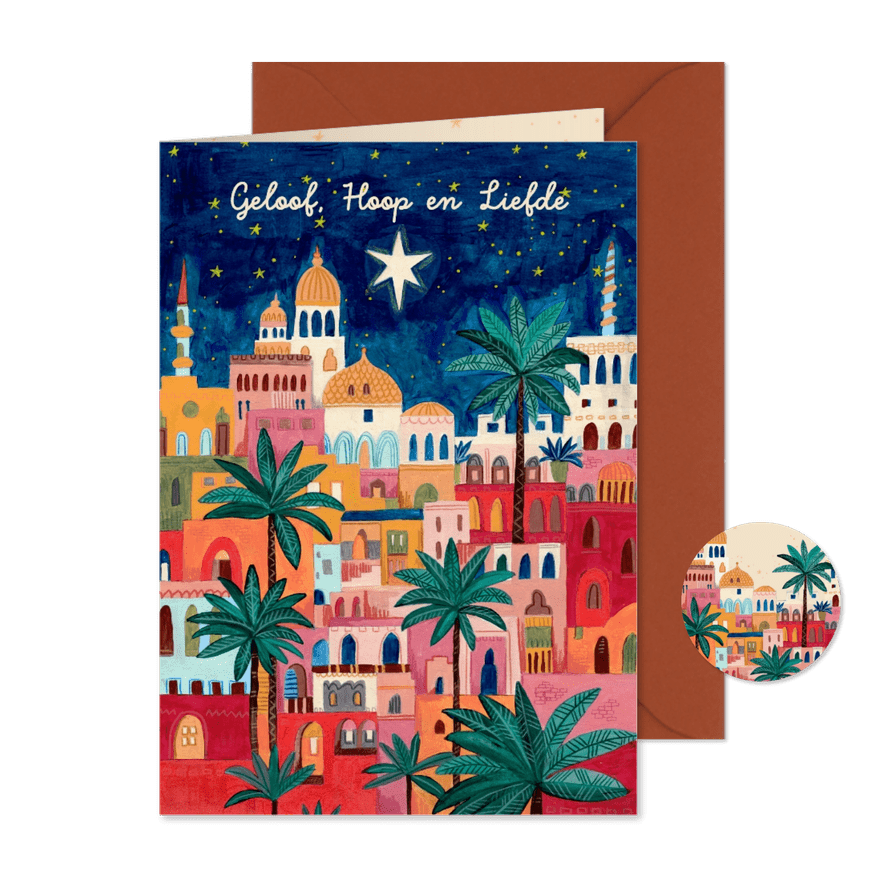 Kerstkaart oriëntaalse stad bethlehem onder sterren hemel - Kaartimpressie