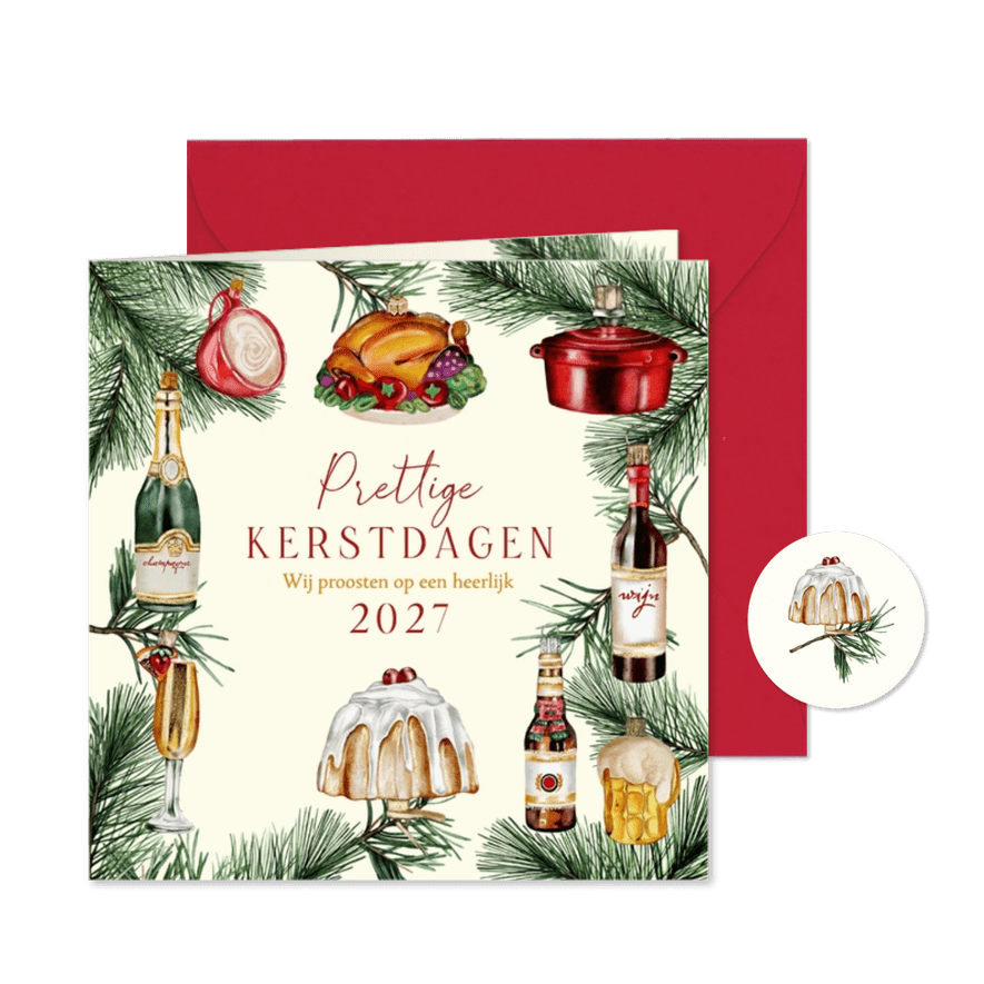Kerstkaart ornamenten food dennentakjes - Kaartimpressie