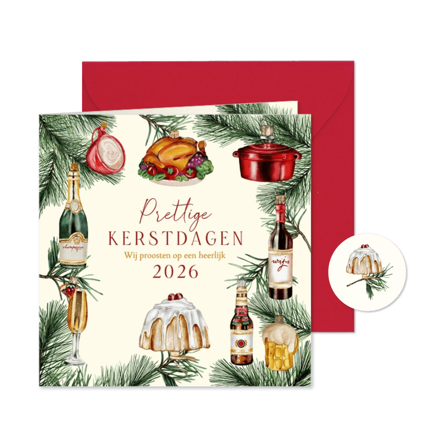Kerstkaart ornamenten food dennentakjes - Kaartimpressie