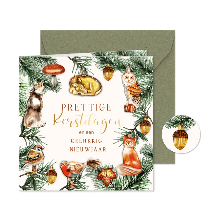 Kerstkaart ornamenten met bosdieren - Kaartimpressie