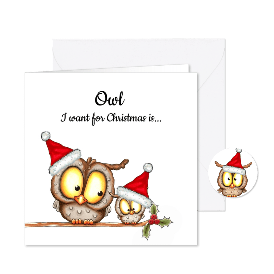 Kerstkaart 'owl I want for Christmas' - Kaartimpressie