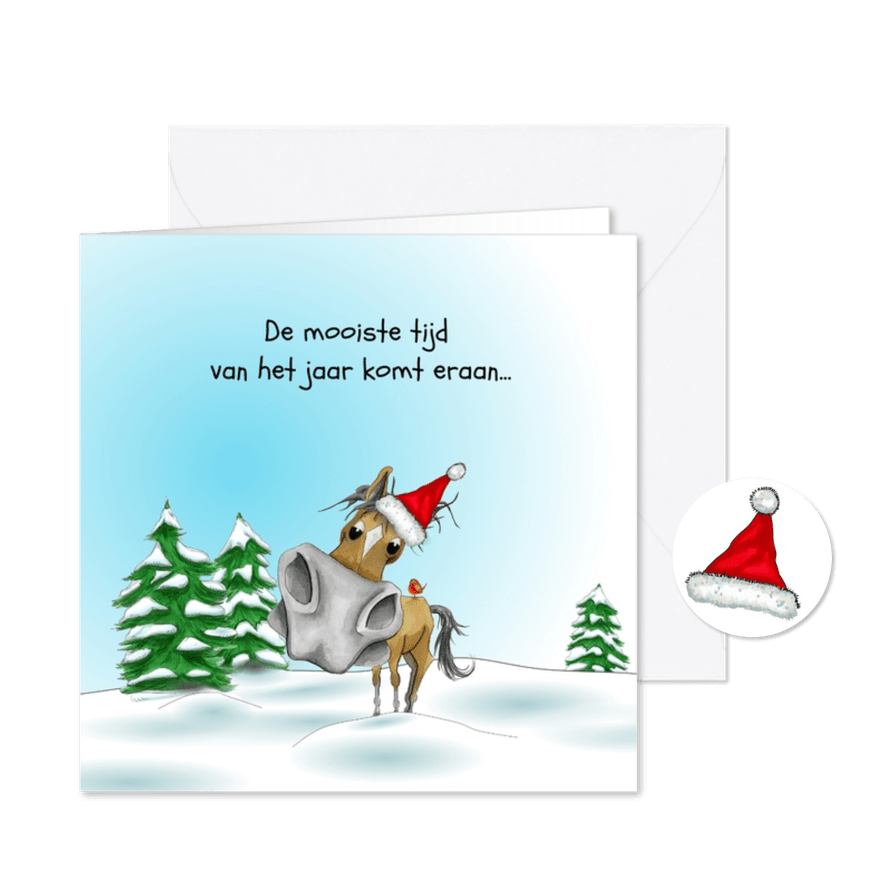 Kerstkaart paard met kerstmuts - Kaartimpressie