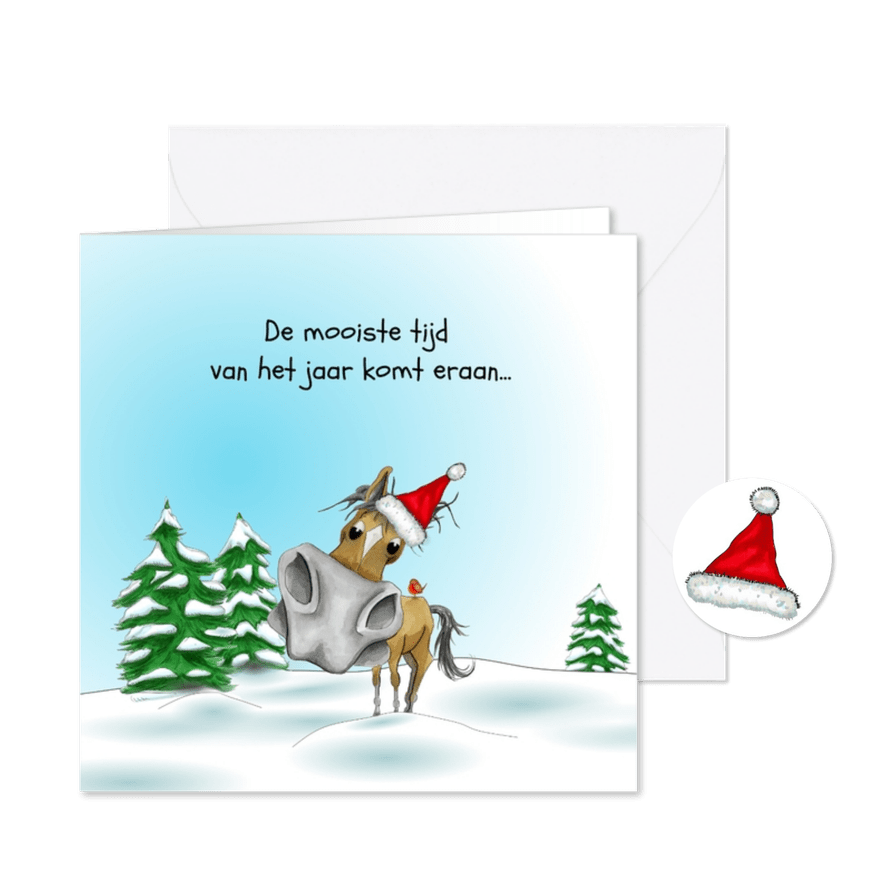 Kerstkaart paard met kerstmuts - Kaartimpressie