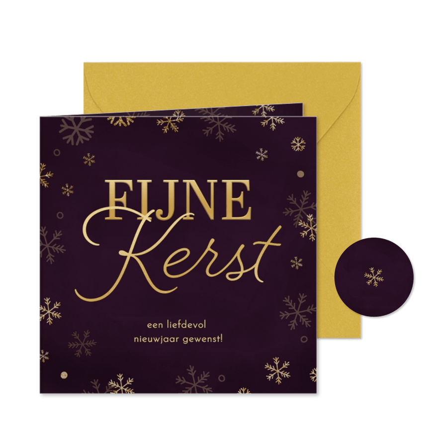 Kerstkaart paars gouden sneeuwvlokjes fijne kerst - Kaartimpressie