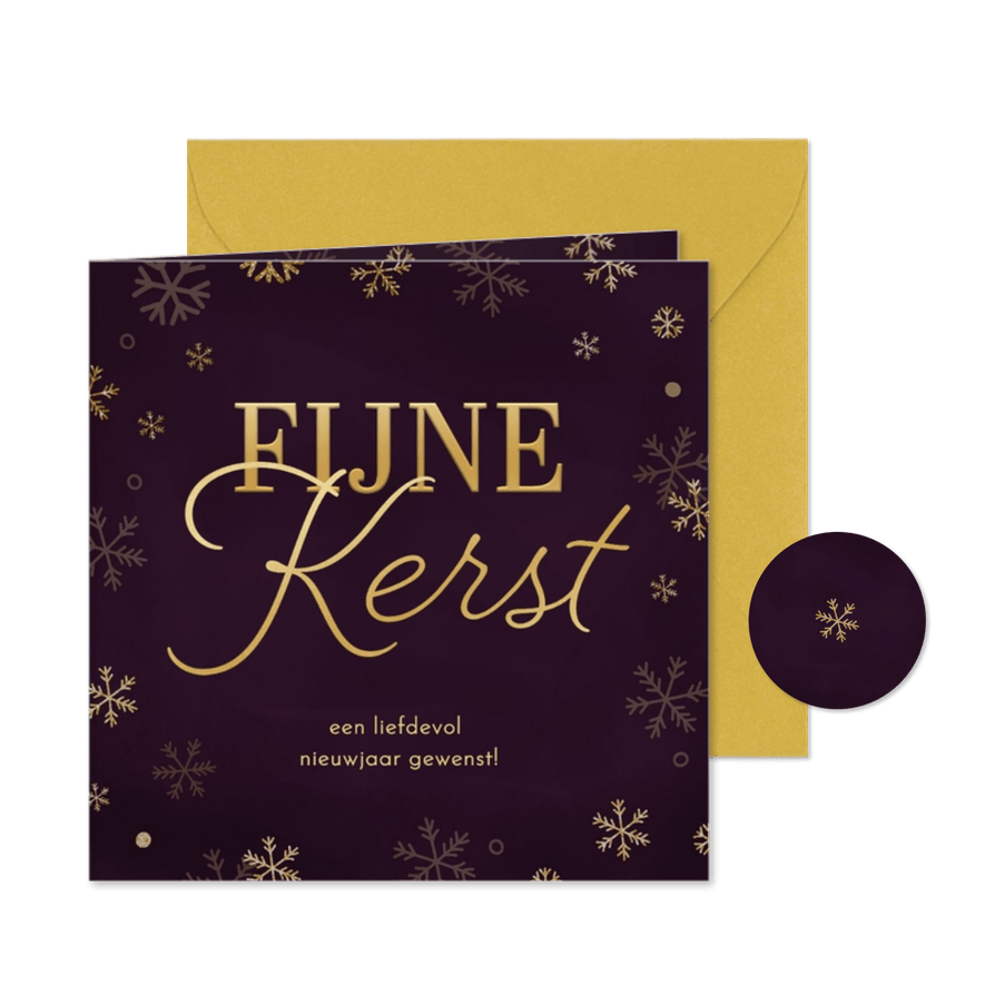 Kerstkaart paars gouden sneeuwvlokjes fijne kerst - Kaartimpressie