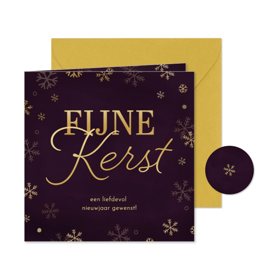 Kerstkaart paars gouden sneeuwvlokjes fijne kerst - Kaartimpressie