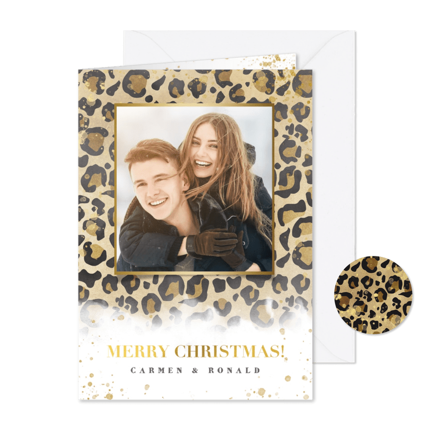 Kerstkaart panterprint, gouden spetters en Merry Christmas - Kaartimpressie