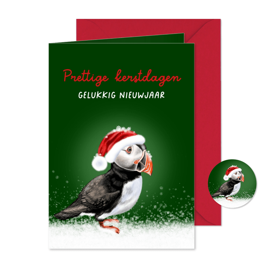 Kerstkaart papegaaiduiker in de winter - Kaartimpressie