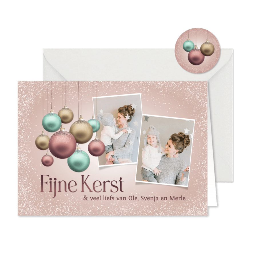 Kerstkaart pastel kerstballen en foto's - Kaartimpressie