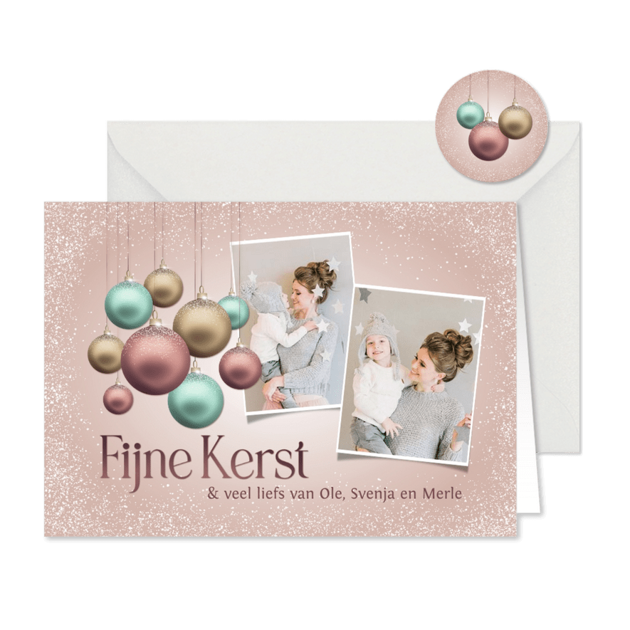 Kerstkaart pastel kerstballen en foto's - Kaartimpressie