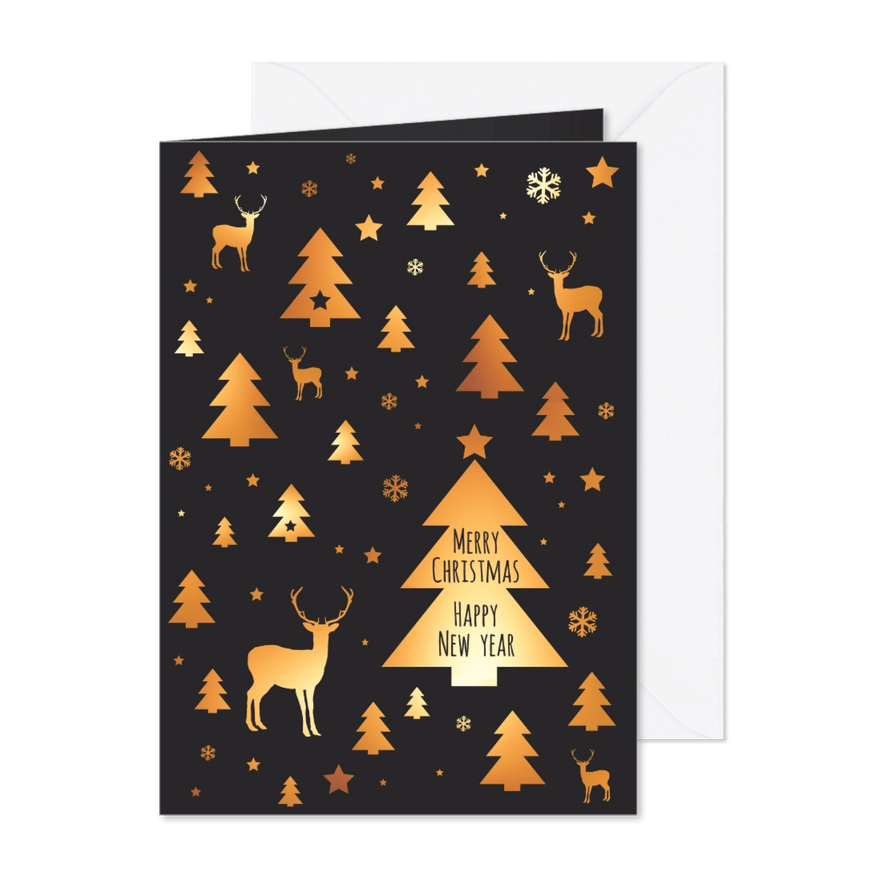 Kerstkaart patroon kerstboom, rendier, ster - Kaartimpressie