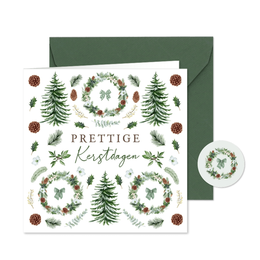 Kerstkaart patroon van kerstkrans met strik en kersttakken - Kaartimpressie