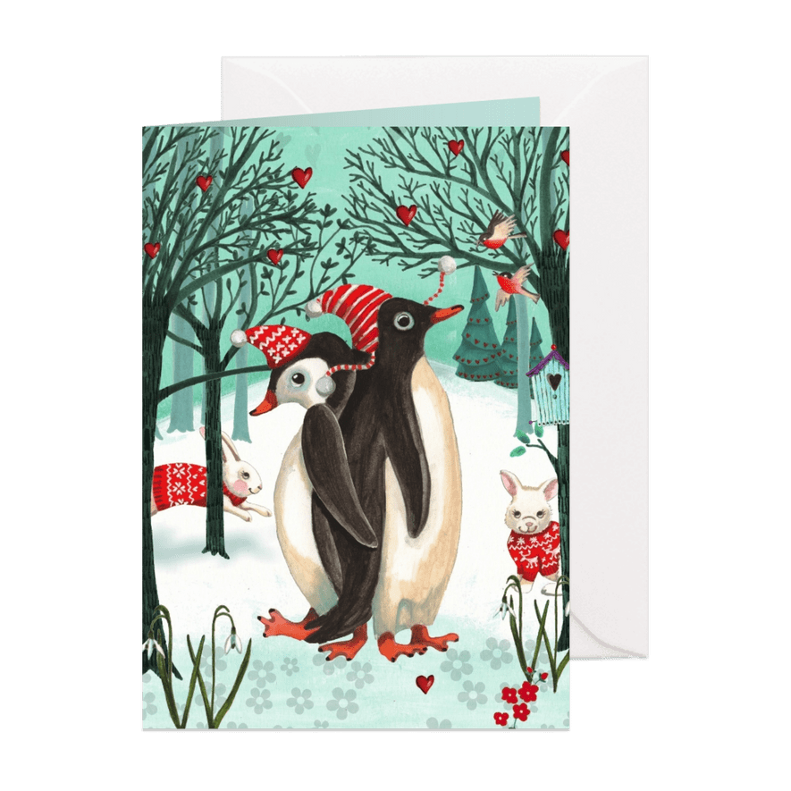 Kerstkaart Penguins in het bos - Kaartimpressie