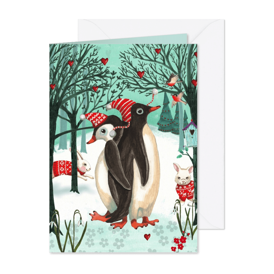 Kerstkaart Penguins in het bos - Kaartimpressie