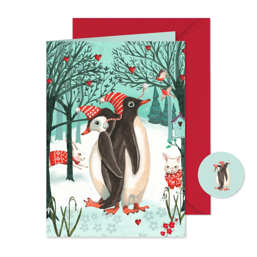 Kerstkaart Penguins in het bos - Kaartimpressie