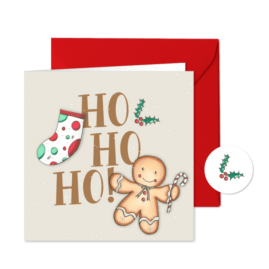 Kerstkaart - peperkoeken mannetje met kerstsok hohoho - Kaartimpressie