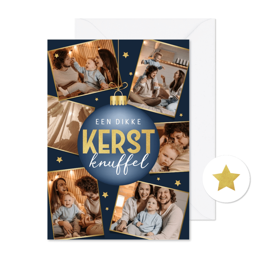 Kerstkaart persoonlijk fotocollage goud sterren kerstbal - Kaartimpressie