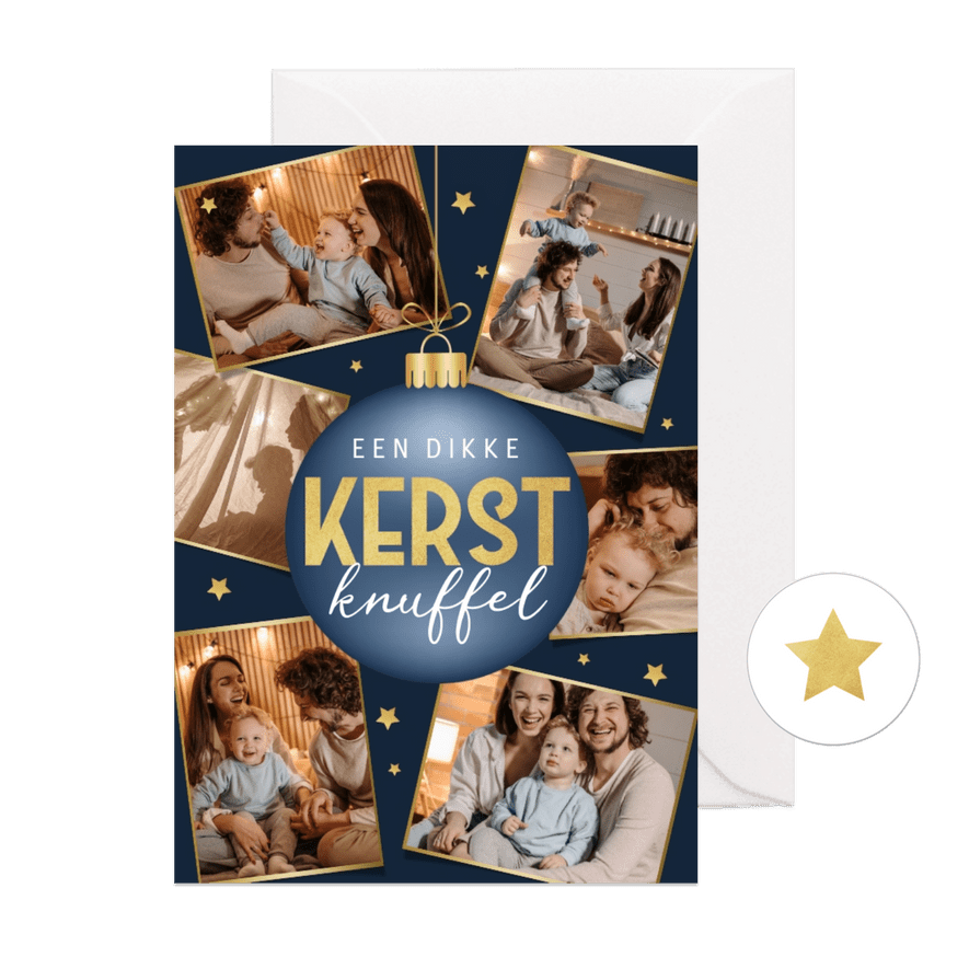 Kerstkaart persoonlijk fotocollage goud sterren kerstbal  - Kaartimpressie