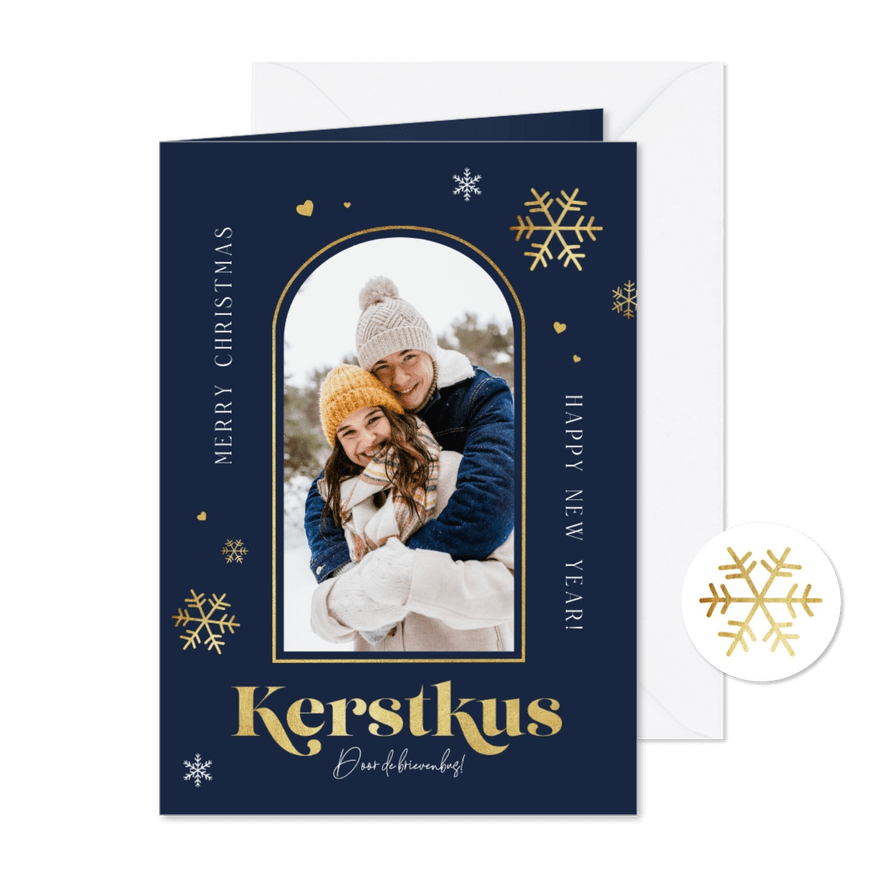 Kerstkaart persoonlijk goud sneeuwvlokjes kerstkus foto - Kaartimpressie