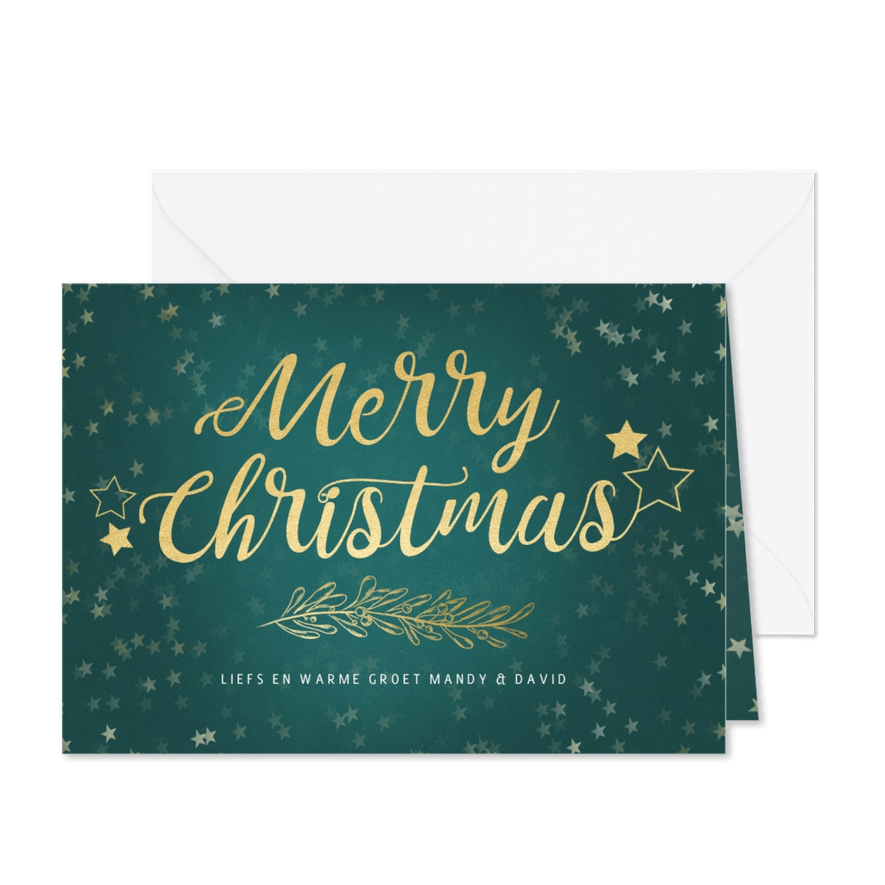 Kerstkaart petrol liggend gouden sterren - een gouden kerst - Kaartimpressie