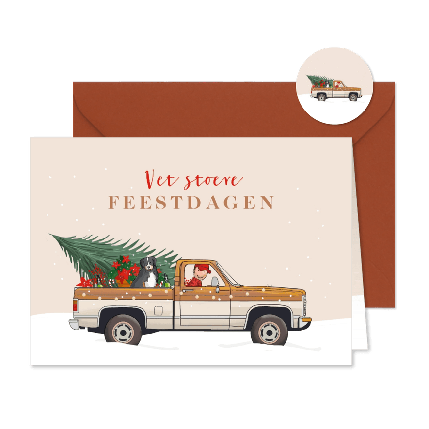 Kerstkaart pickup truck met kerstboom - Kaartimpressie