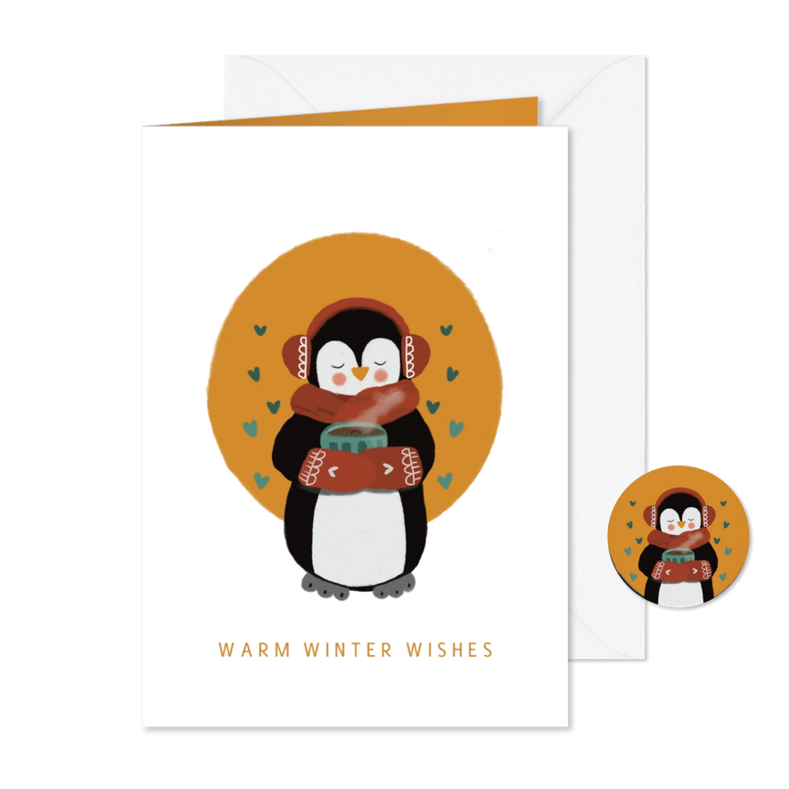 Kerstkaart pinguïn illustratie warm winter wishes - Kaartimpressie