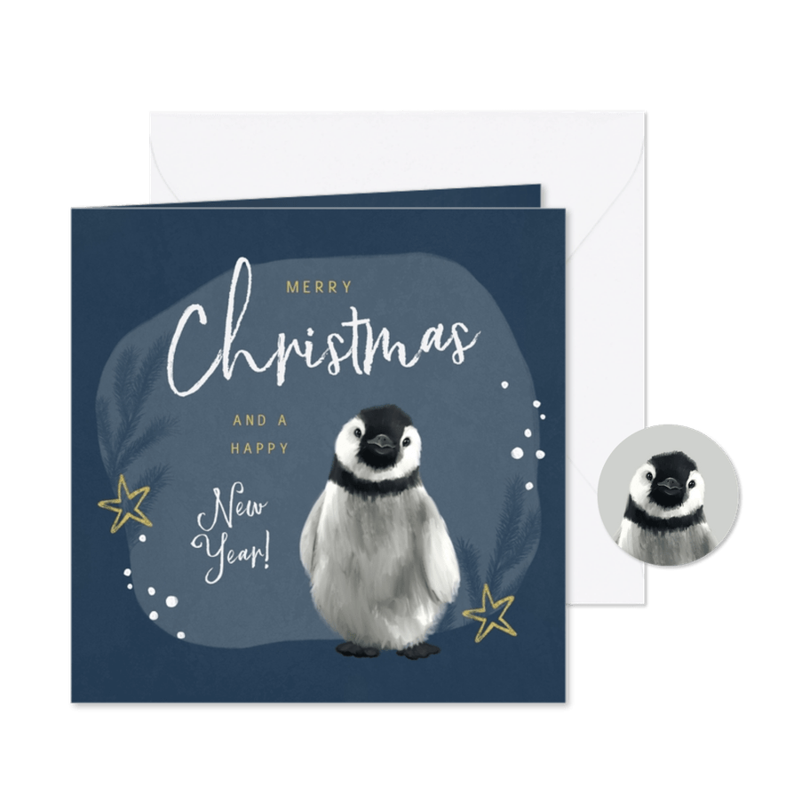 Kerstkaart pinguïn illustratie winter goud sterren - Kaartimpressie