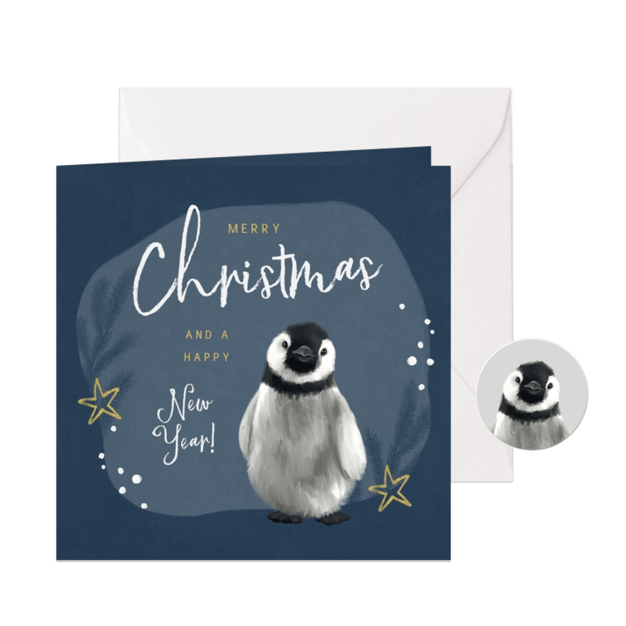 Kerstkaart pinguïn illustratie winter goud sterren - Kaartimpressie