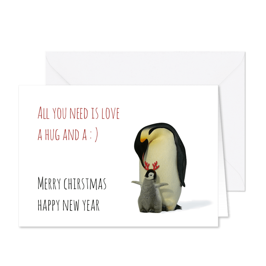 Kerstkaart pinguin, kleintje en gewei - Kaartimpressie